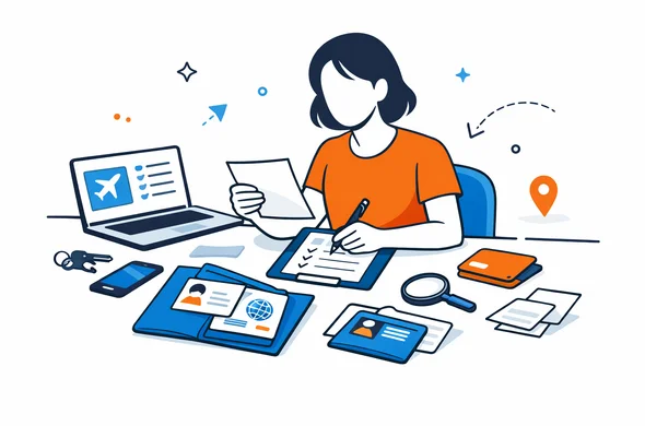 Flat semi-flat vector illustration of a traveler organizing papers after losing a passport, calm modern tech feel, faceless abstract character, minimal background, Aid-Air palette, clean travel document scene