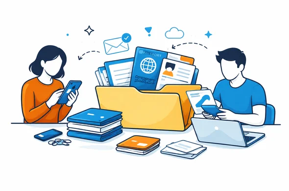 Flat semi-flat vector illustration of digital travel document archiving, folders, passport copies, email records, faceless abstract characters, calm organized atmosphere, minimal background, Aid-Air palette