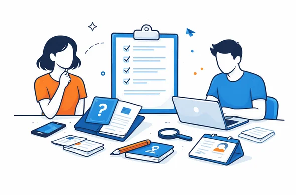 Flat semi-flat vector illustration of planning next travel visa steps after lost passport, checklist and laptop, faceless abstract characters, clean modern tech feel, minimal background, Aid-Air palette