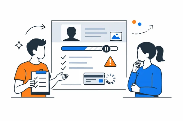 Flat semi-flat vector illustration of a digital visa application process paused midway, calm organized interface, abstract faceless characters reviewing steps, minimal background, clean modern tech feel, Aid-Air palette