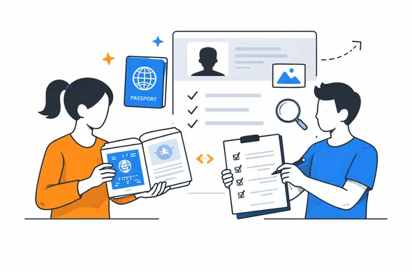 Flat semi-flat vector illustration of organized document review before continuing an online visa application, abstract faceless characters, passport and photo icons, calm modern interface, minimal background, Aid-Air palette