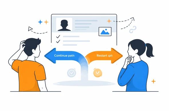 Flat semi-flat vector illustration of a calm decision point in an online visa process, abstract faceless characters choosing between continue and restart paths, organized dashboard, minimal background, Aid-Air palette
