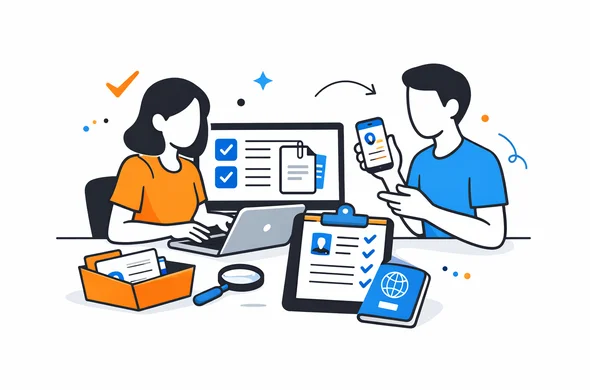 Flat vector illustration of organized visa document review on laptop and phone, abstract faceless characters, calm modern tech atmosphere, minimal background, Aid-Air palette