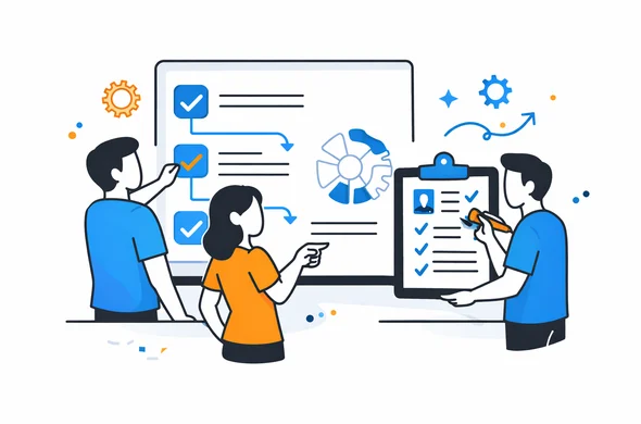 Flat semi-flat vector illustration of organized team updating visa checklist and process steps, abstract faceless characters, clean modern interface, minimal background, Aid-Air palette