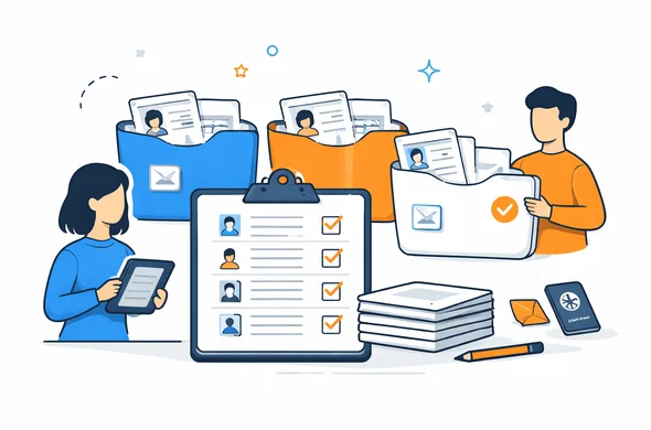 Flat vector illustration of organized document folders and checklist tracking for a group visa process, faceless abstract characters, clean modern tech feel, minimal background, Aid-Air palette