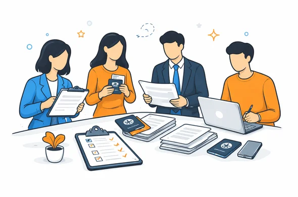 Flat vector illustration of a professional delegation preparing travel documents for India, faceless abstract characters, calm organized atmosphere, minimal background, Aid-Air palette