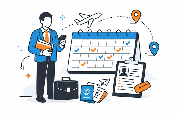 Flat semi-flat vector illustration, abstract faceless business traveler planning repeated trips to India, documents calendar and route markers, clean modern tech feel, calm organized atmosphere, minimal background, Aid-Air palette