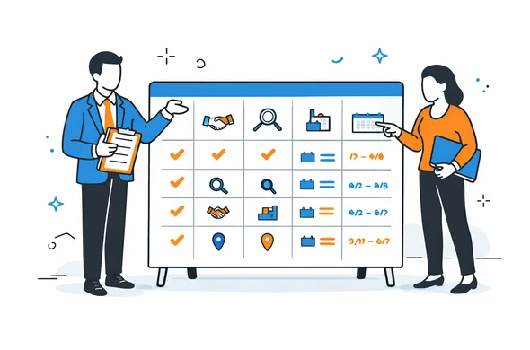 Flat semi-flat vector illustration, abstract faceless characters organizing repeated business trip purposes and entries in a structured table, clean modern tech feel, calm organized atmosphere, minimal background, Aid-Air palette