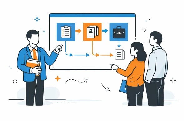Flat semi-flat vector illustration, abstract faceless team reviewing a clear step-by-step visa path for repeated business travel to India, clean modern tech feel, calm organized atmosphere, minimal background, Aid-Air palette