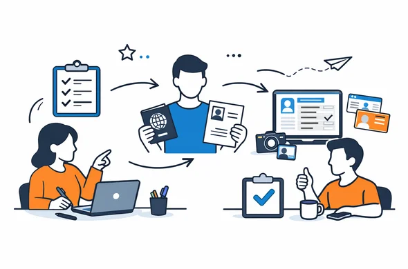 Flat modern vector illustration of a clear step-by-step visa preparation workflow for India, abstract faceless characters, calm organized desk, minimal background, clean tech style, Aid-Air palette.