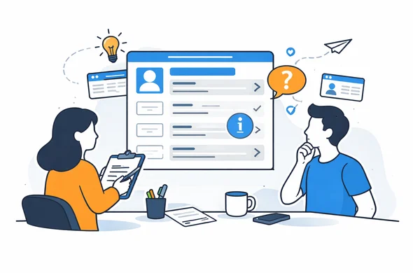 Flat semi-flat vector illustration of reviewing an online visa form with clarification icons, abstract faceless characters, calm organized interface, minimal background, modern tech feel, Aid-Air palette.