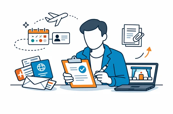 Flat semi-flat vector illustration of a traveler reviewing visa-related documents for a conference in India, abstract faceless character, clean modern tech interface, calm organized atmosphere, minimal background, Aid-Air palette, flat vector, thick outline, lots of white space