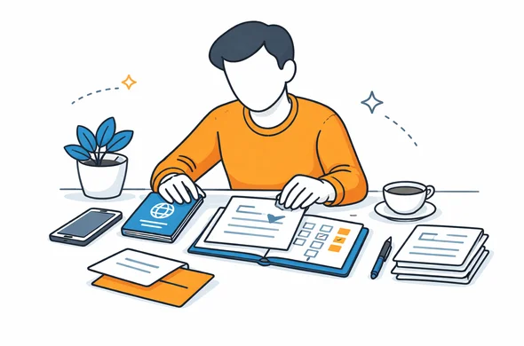Flat vector illustration of organized visa preparation for an event trip to India, abstract faceless person arranging invitation letter passport and itinerary on a clean desk, calm modern SaaS style, minimal background, Aid-Air palette, semi-flat vector