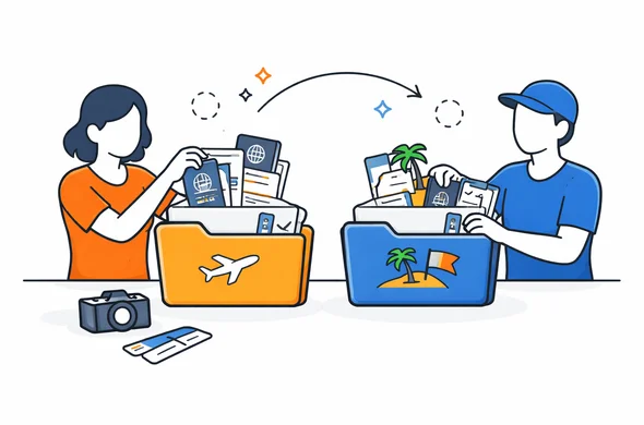Flat semi-flat vector illustration of organizing travel documents into two separate folders for India and Sri Lanka, faceless abstract characters, clean interface, calm organized atmosphere, minimal background, Aid-Air palette.