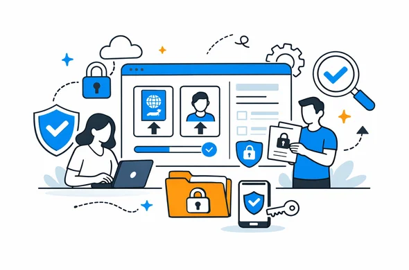 Flat modern vector illustration of online privacy and data security during a visa application process, calm organized dashboard, abstract faceless characters, secure document upload, minimal background, Aid-Air palette.