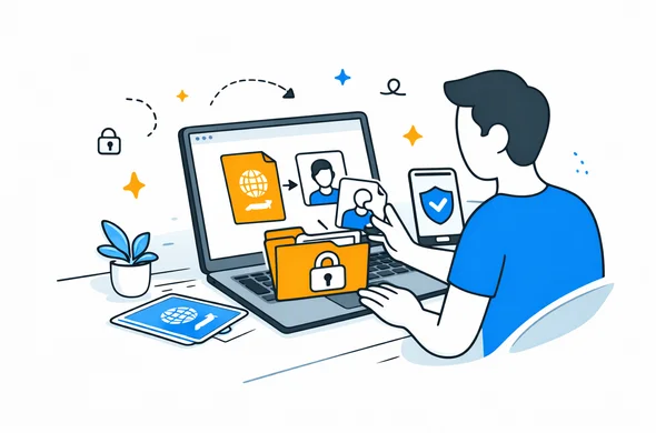 Clean semi-flat vector illustration of a user preparing passport and photo files for secure upload on a laptop, calm organized workspace, faceless abstract character, minimal background, Aid-Air palette.