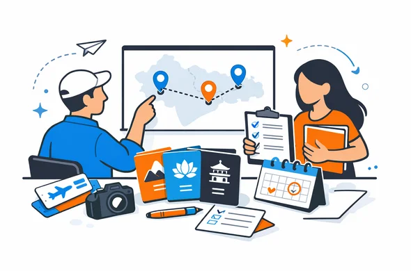 Flat semi-flat vector illustration of planning a multi-country trip across India Nepal and Bhutan with organized travel documents, abstract faceless characters, calm modern tech interface, minimal background, Aid-Air palette.