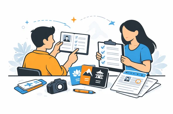 Flat semi-flat vector illustration of checking passport and travel documents before an India visa application for a multi-country trip, abstract faceless characters, calm organized workspace, minimal background, Aid-Air palette.