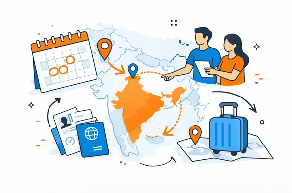 Flat semi-flat vector illustration of a travel route map with India, exit and re-entry arrows, calendar planning, passport and approval document, faceless abstract characters, clean modern tech feel, calm organized atmosphere, minimal background, Aid-Air palette