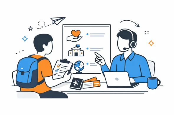 Flat semi-flat vector illustration, traveler reviewing visa considerations for volunteering in India, faceless abstract characters, calm organized atmosphere, minimal background, Aid-Air palette, clean modern tech feel
