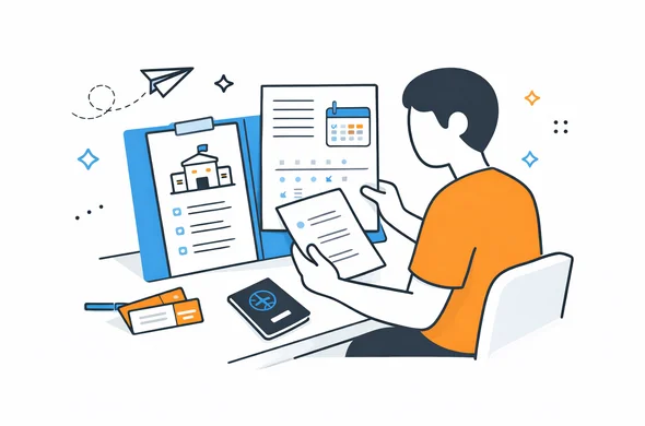Flat semi-flat vector illustration of a volunteer reviewing host organization details and trip plan for India, faceless abstract characters, organized documents, minimal background, Aid-Air palette, clean modern tech feel