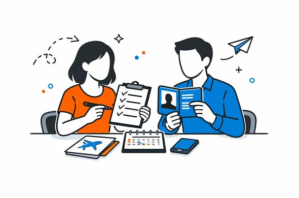 Flat semi-flat vector illustration, calm organized travel planning for India retreat, abstract faceless characters reviewing passport and notes, modern tech feel, minimal background, Aid-Air palette.