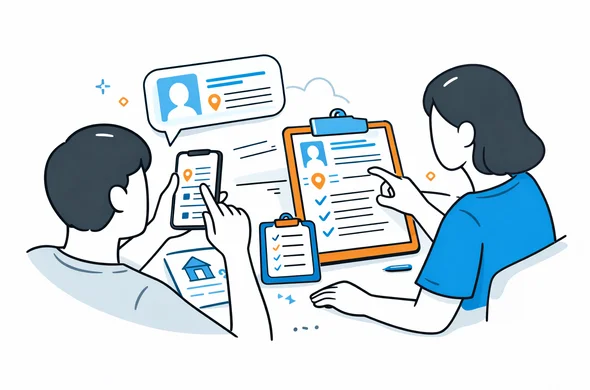Flat semi-flat vector illustration of checking host address and lodging details for an India visa form, checklist, phone message with address, organized desk, calm faceless abstract characters, minimal background, Aid-Air palette