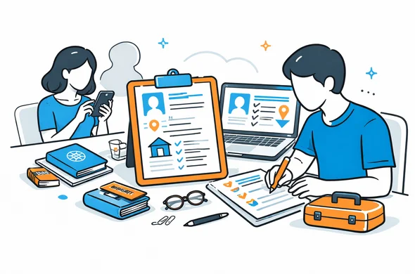 Flat semi-flat vector illustration of a clean organized travel preparation sheet with host details and India visa form, laptop and checklist, faceless abstract characters, minimal background, calm modern tech style, Aid-Air palette