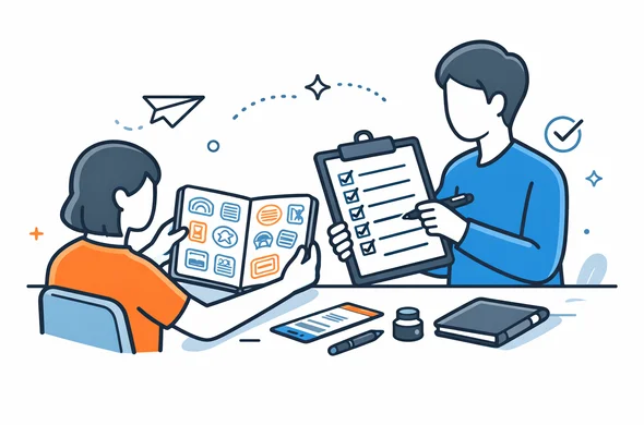 Flat semi-flat vector illustration of a nearly full passport with many stamps on a desk, checklist beside it, calm organized travel planning atmosphere, faceless abstract characters, minimal background, clean modern tech feel, Aid-Air palette.