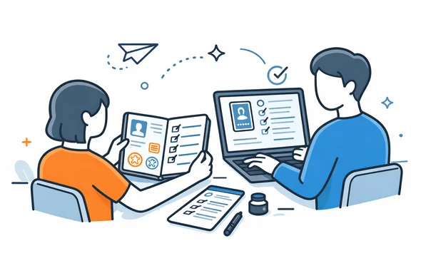 Flat semi-flat vector illustration of organized visa preparation for India with passport review, checklist and laptop, faceless abstract characters, minimal background, clean modern tech style, calm organized atmosphere, Aid-Air palette.