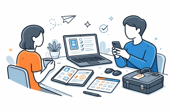 Flat semi-flat vector illustration of calm travel planning after successful passport check, organized documents and laptop, faceless abstract characters, minimal background, modern tech feel, Aid-Air palette.