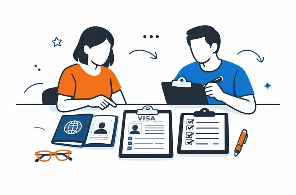 Flat semi-flat vector illustration of organized travel documents, passport, visa form and checklist on a desk, abstract faceless characters reviewing name consistency, calm modern tech style, minimal background, Aid-Air palette