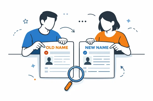 Flat semi-flat vector illustration of side-by-side document comparison showing old name and new name fields, abstract faceless figures checking consistency, calm organized travel admin theme, minimal background, Aid-Air palette