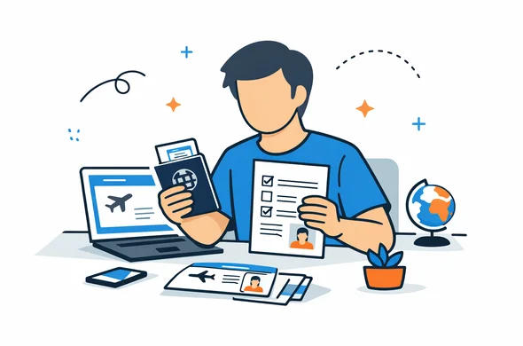 Flat semi-flat vector illustration, faceless abstract person living abroad reviewing travel documents for India visa, calm organized desk, modern tech feel, minimal background, Aid-Air palette