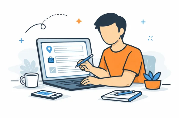 Flat semi-flat vector illustration of faceless abstract character filling online form fields for address and employment while living abroad, clean UI elements, calm organized atmosphere, minimal background, Aid-Air palette