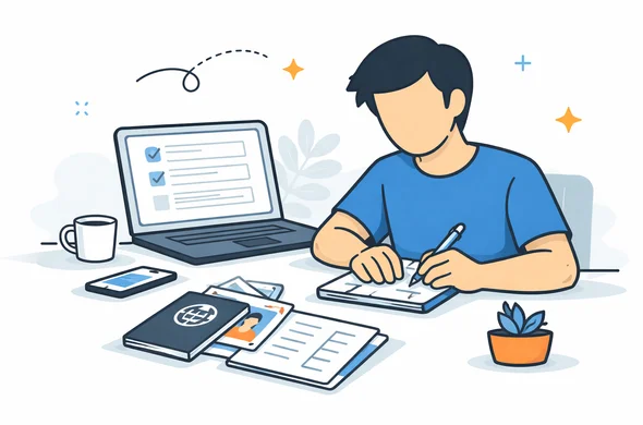 Flat semi-flat vector illustration of organized pre-application checklist for India visa, passport, notes, laptop, faceless abstract character, calm modern tech style, minimal background, Aid-Air palette