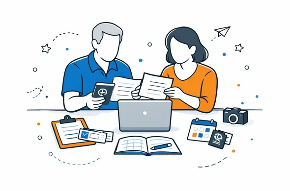 Flat semi-flat vector illustration, abstract faceless parents calmly organizing travel details and documents for family visit in India, tidy desk, soft tech aesthetic, minimal background, calm organized atmosphere, Aid-Air palette