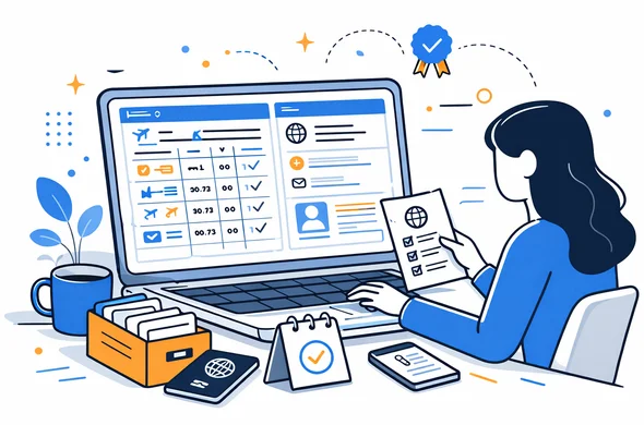 flat vector illustration of travel history spreadsheet and visa application details on a computer screen, clean modern tech feel, faceless abstract characters, calm organized atmosphere, minimal background, Aid-Air palette