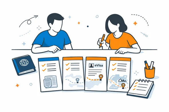 Flat semi-flat vector illustration of organized visa pre-check table for India travel, checklist cards, passport and route notes, faceless abstract characters, calm organized atmosphere, minimal background, Aid-Air palette, clean modern tech feel