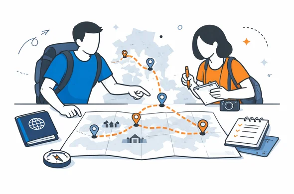 Flat semi-flat vector illustration of travelers planning a multi-country overland route to India with map lines, border markers, passport and notes, faceless abstract characters, calm organized atmosphere, minimal background, Aid-Air palette, modern tech feel