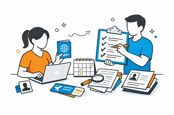 Flat semi-flat vector illustration, clean modern tech feel, faceless abstract characters organizing passport, laptop, checklist and travel documents before India e-visa application, calm organized atmosphere, minimal background, Aid-Air palette.