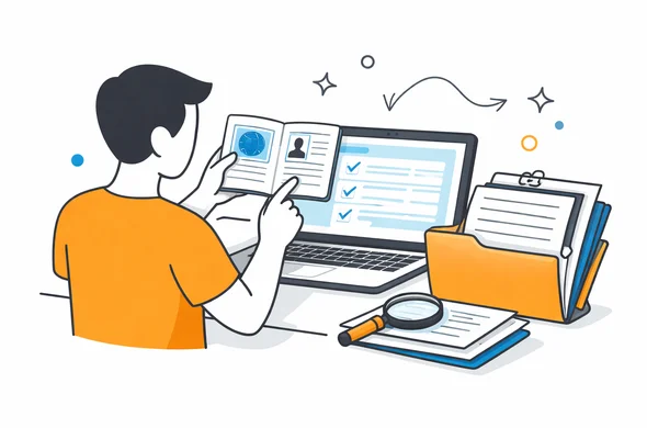 Flat semi-flat vector illustration, clean modern tech feel, faceless abstract character comparing passport details with a digital form and organized document folder, calm organized atmosphere, minimal background, Aid-Air palette.