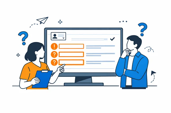 Flat semi-flat vector illustration of a digital visa application form with highlighted confusing fields and question marks, clean modern tech feel, faceless abstract characters, calm organized atmosphere, minimal background, Aid-Air palette