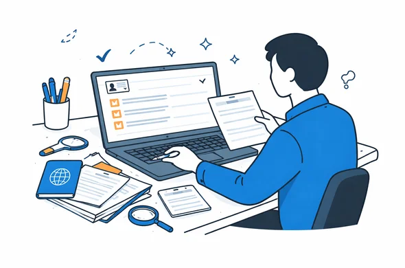 Flat semi-flat vector illustration of a person checking a digital visa form against organized documents, clean modern tech feel, faceless abstract characters, calm organized atmosphere, minimal background, Aid-Air palette