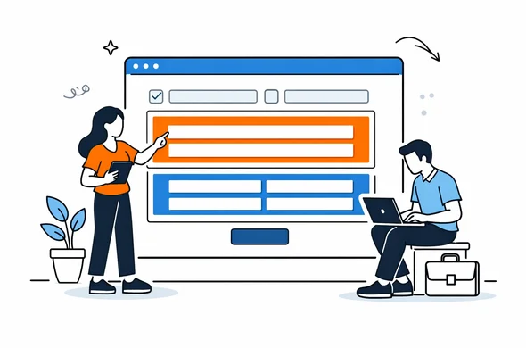 Flat semi-flat vector illustration of an online visa form interface with address and employment fields highlighted, clean modern tech feel, faceless abstract characters, calm organized atmosphere, minimal background, Aid-Air palette