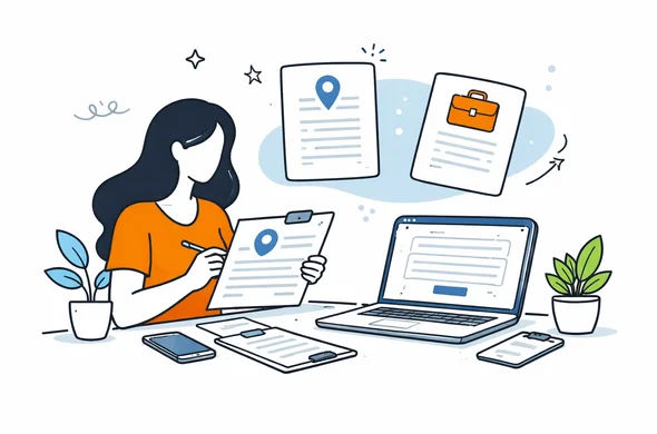 Flat semi-flat vector illustration of a person organizing address and job details before filling an online visa form, clean modern tech feel, faceless abstract characters, calm organized atmosphere, minimal background, Aid-Air palette