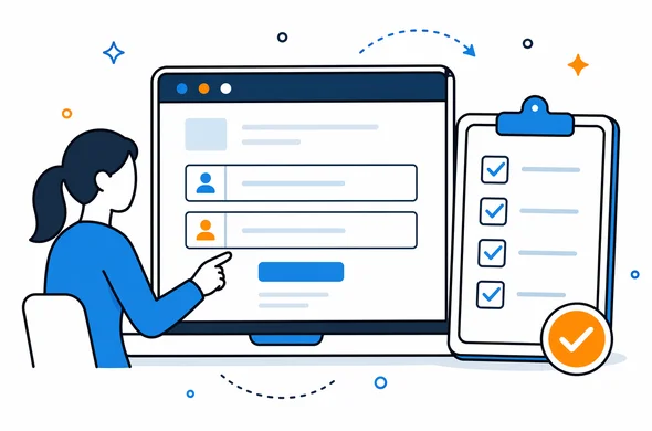 flat semi-flat vector illustration of an online application form with first name and surname fields, consistency checklist beside it, clean modern tech feel, faceless abstract characters, calm organized atmosphere, minimal background, Aid-Air palette
