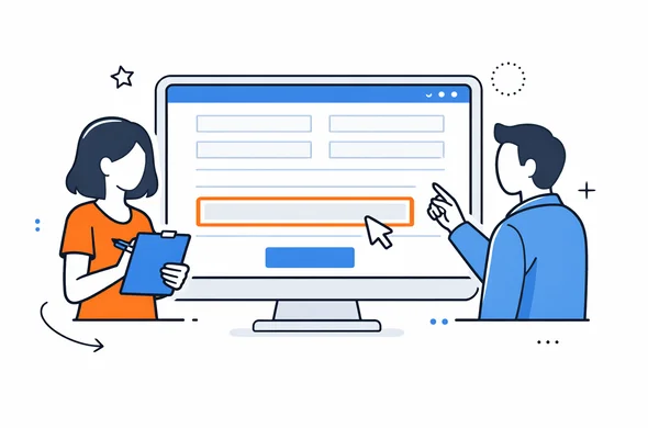 Flat semi-flat vector illustration of an online visa application form with a highlighted field for visible identification marks, calm organized interface, abstract faceless characters, minimal background, modern tech feel, Aid-Air palette.