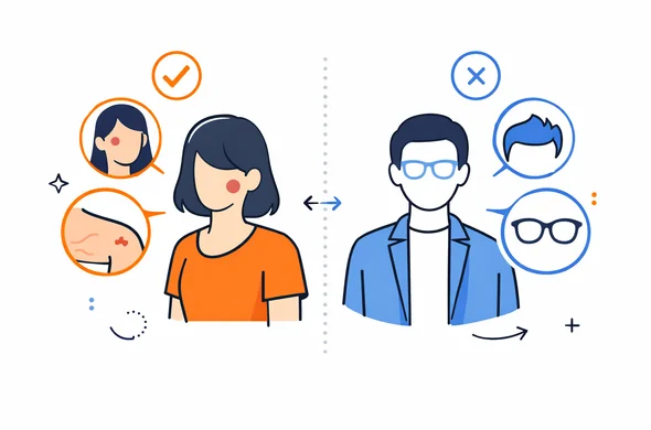 Flat vector comparison graphic showing relevant visible identification marks versus general appearance details, clean infographic style, abstract faceless figures, minimal background, calm organized atmosphere, Aid-Air palette.
