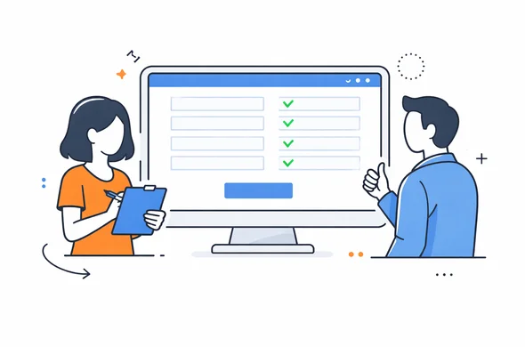 Flat semi-flat vector illustration of a calm final review of an online visa form before submission, emphasis on clarity and simplicity, abstract faceless characters, minimal background, modern tech interface, Aid-Air palette.